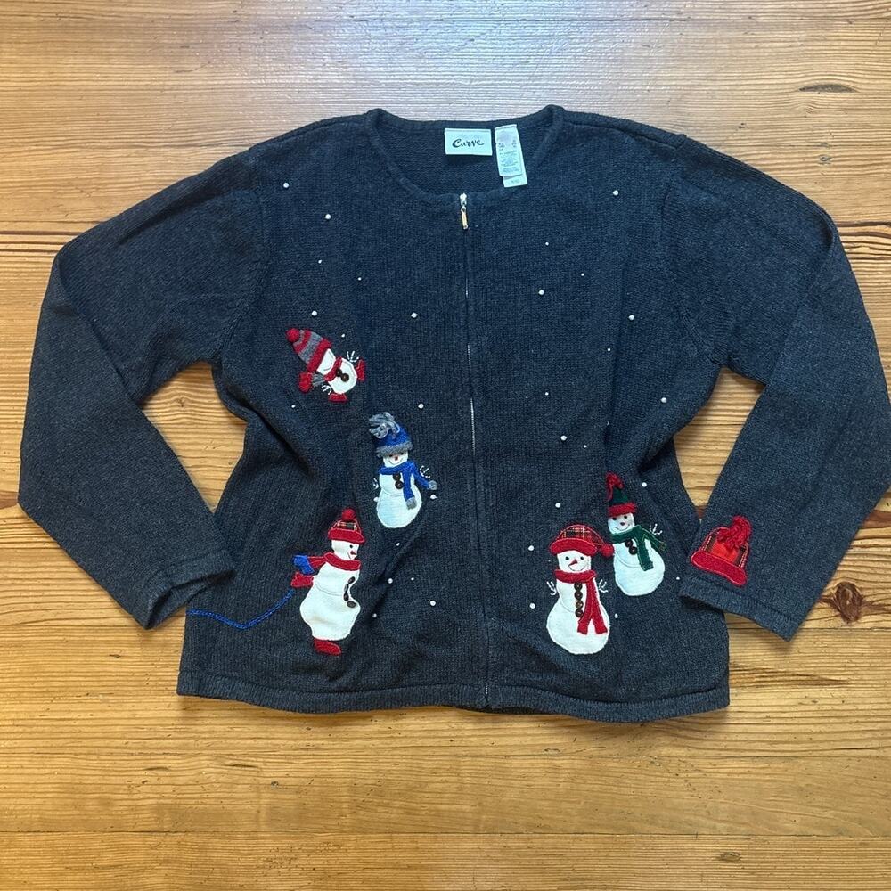 VTG Curve gray ugly Christmas full zip snowman winter cardigan sweater SIZE‎ XL